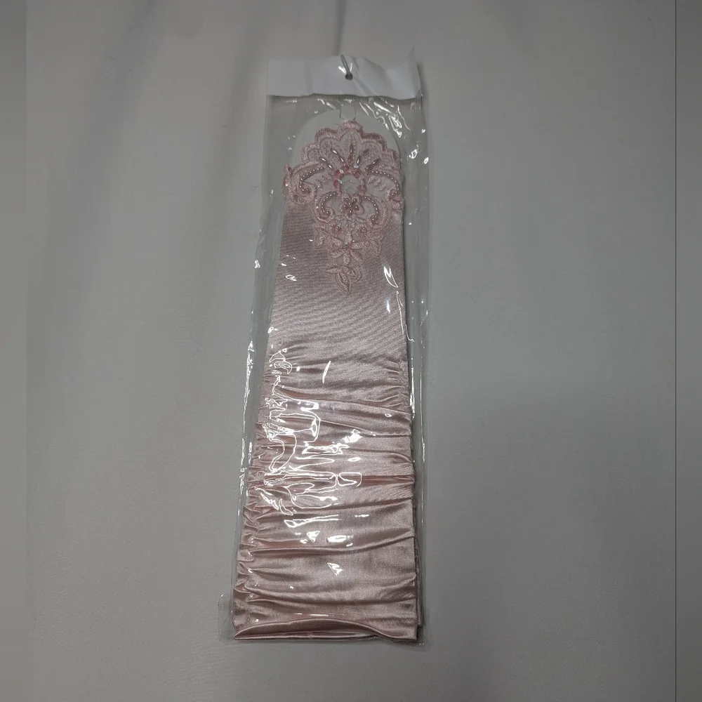 New Womens Light Pale Pink Satin Beaded Embroidered Fingerless Gloves One Size
